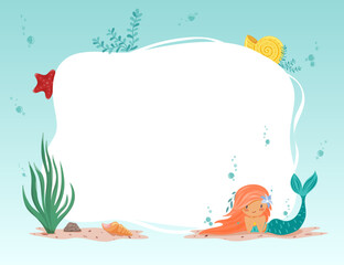 Fototapeta premium Illustration of a rectangular vector frame with a cute red haired mermaid, seaweed, shells and starfish. Suitable for kids designs and sea themed project