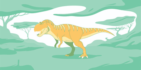Cartoon tyrannosaurus rex standing in a paleolithic environment with stylized trees