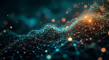 An abstract digital network visualizes data flow with interconnected glowing nodes and lines against a dark background. Vibrant orange and teal bokeh lights add a futuristic, technological feel. Perfe