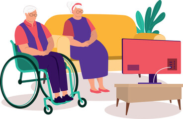 Elderly Man With Wheelchair Watching TV Together With His Wife At Home.