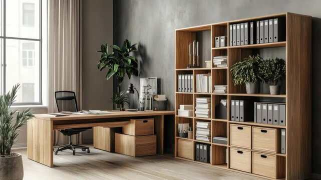 A Sophisticated Home Office Setup with Natural Wood Furniture and Stylish Accents