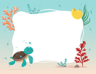 Illustration of a vector frame with a turtle, corals, seaweed and shell. Perfect for kids designs and underwater themed materials
