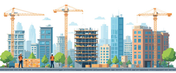 Urban Construction Site with Cranes and Workers in a Modern Cityscape Background