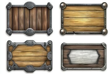 Naklejka premium Vibrant Fantasy Frames: Realistic Wooden Panels with Metallic Accents for Creative Designs