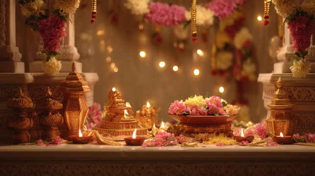 Festival Paryushana, Jain temple altar decorated with flowers and lit oil lamps during Paryushana festival, soft glowing gradient