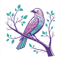 Colorful Artistic Bird on a Branch – Vector Illustration.