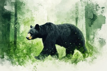 Fototapeta premium Watercolor Illustration of a Black Bear Trekking Through a Lush Green Forest