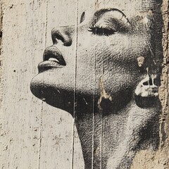 A black and white portrait of a woman's face, with her head tilted back and her eyes closed