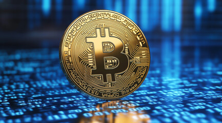 A golden bitcoin  on a blue digital background with binary code