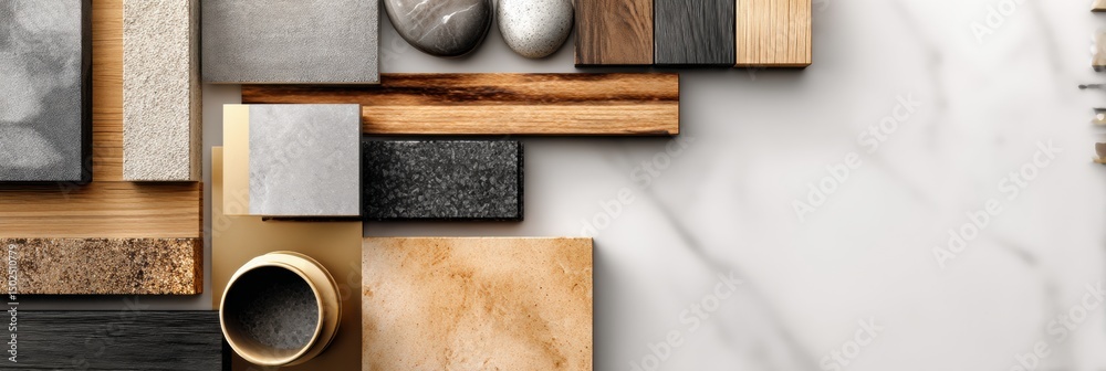 Poster flat layout of various building materials on a clean surface showcasing different textures and color