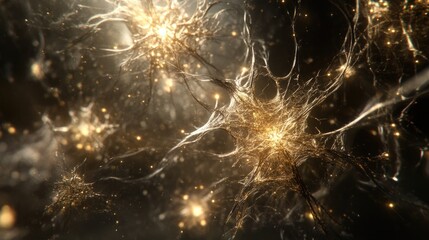 Glowing neural network, intricate branching structures, golden synapses, dark background