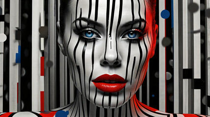 Optical Art Inspired Portrait with Black and White Stripes and Blue Eyes