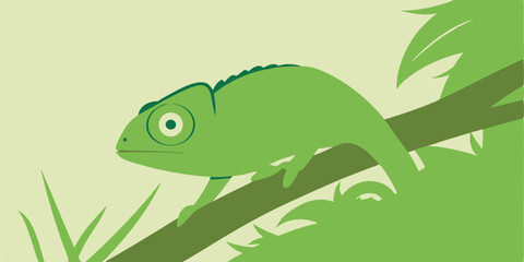 Colorful green chameleon sitting on a branch with transparent background © Muhammad