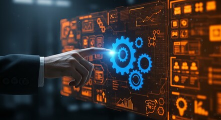 A hand in a suit touching a digital screen with blue gears and orange interface elements displayed