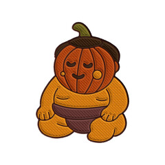 Calm jack-o'-lantern sumo wrestler sitting peacefully with closed eyes, embroidered in cozy fall tones. Great for tranquil Halloween themes, digital mindfulness kits, digital scrapbooking, planners