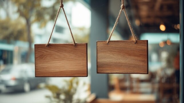 Two blank wooden signs hanging from a cafe window