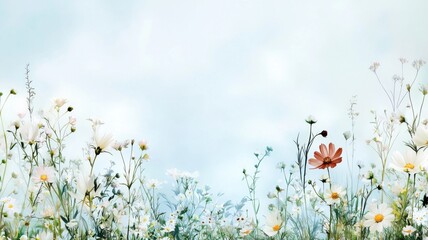 Dreamy White and Orange Cosmos Flowers Border Against Soft Sky flowers sky border dreamy flower wild