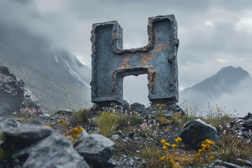 Giant weathered stone letter H monuments in dramatic mountain landscapes AI generated