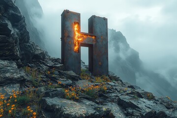 Giant weathered stone letter H monuments in dramatic mountain landscapes AI generated