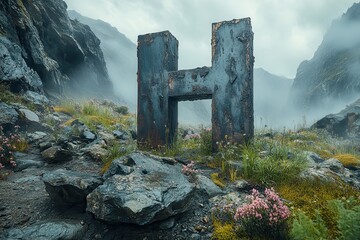 Giant weathered stone letter H monuments in dramatic mountain landscapes AI generated