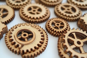 Wooden gears creating a visually interesting pattern, perfect for conceptual use in design and industry