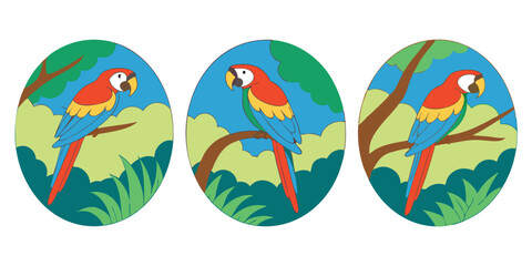 Colorful parrot illustration in different cartoon settings suitable for various design projects