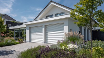 Fototapeta premium Modern home with white garage doors and landscaped yard