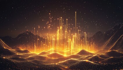 Fototapeta premium Golden city rising from a digital landscape at night