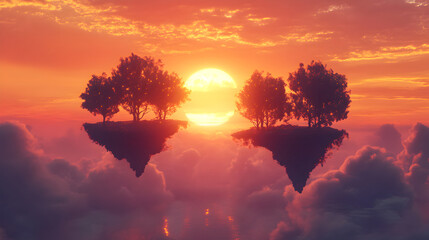 276. Fantasy landscape with floating islands, glowing trees, sunset sky, painterly style, 4K
