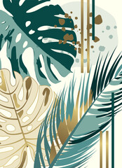 Luxurious Botanical Poster with Gold and Green Monstera, Palm, and Exotic Foliage. Modern Nature-Inspired Digital Print for Interior Decor. Tropical Leaves Wall Art.