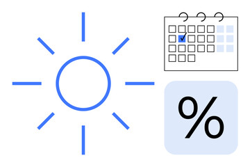 Radiant sun, calendar with checkmark, bold percentage. Ideal for scheduling, discounts, planning, sales, promotions time management productivity. Flat simple metaphor