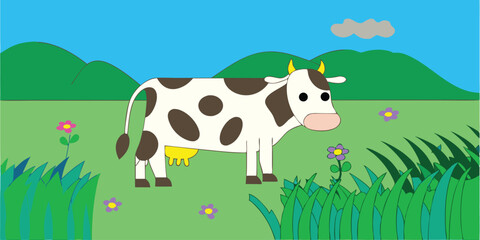 Cute cartoon cow in a field with flowers and a cloud a royalty free graphic