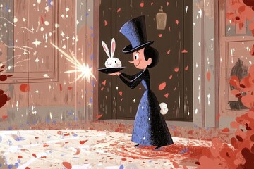 Whimsical vintage magician conjuring rabbit with magic spark AI generated