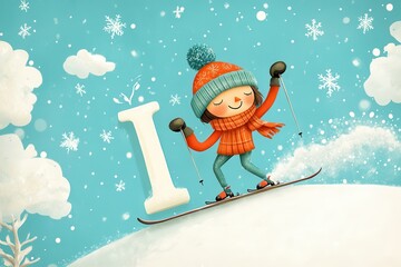 Happy skiing children on snowy hills with letter I and snowflakes AI generated