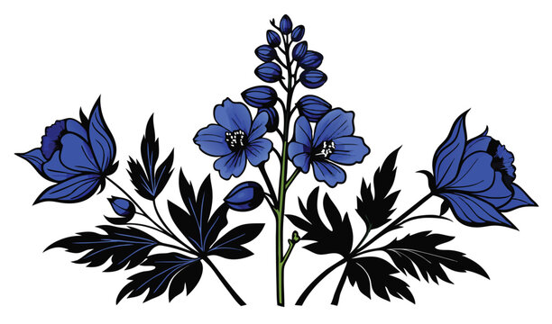 Hooded blue monkshood and wolfsbane flowers illustration