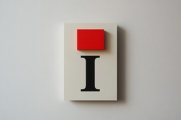 Minimal abstract composition with red cube and bold letter I AI generated