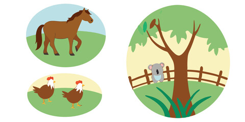Fototapeta premium Cute farm animal illustrations of horse chickens and a koala in round scenic designs