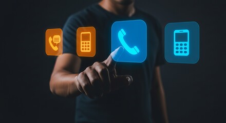 A person touching a blue phone icon on a screen with other phone icons displayed in the background