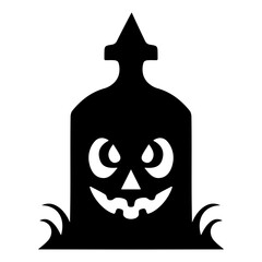 Black silhouette of tombstone with carved pumpkin face design isolated on transparent background, perfect for Halloween-themed decorations or graphics. Vector art