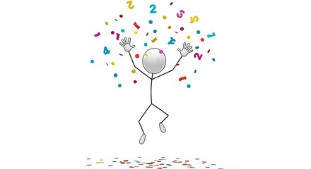Stick Figure Celebration: Joyful Jumping Stickman with Confetti, Celebrate Achievement, Party Success Concept