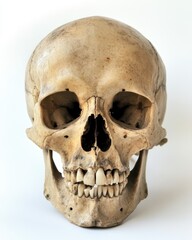 Monochrome Skeleton: Detailed Human Skull Against a Crisp White Canvas