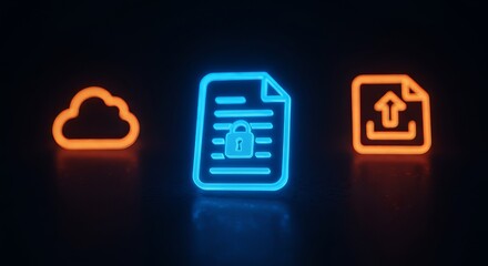 Glowing cloud file with padlock and upload icons in orange and blue on a dark reflective surface