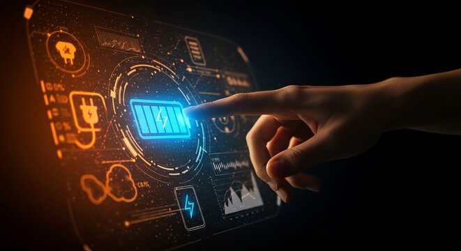 A hand interacting with a futuristic interface displaying battery and energy related information