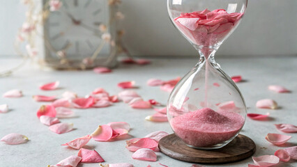 hourglass with pink rose petals countdown with sand