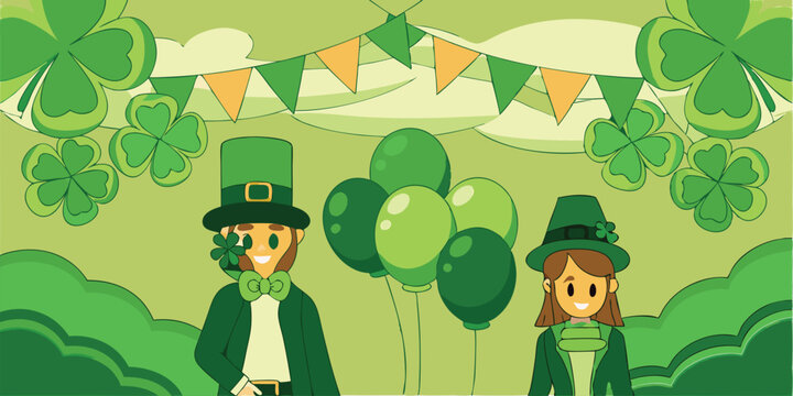 Festive st patricks day celebration featuring leprechauns clovers and balloons royalty free graphic