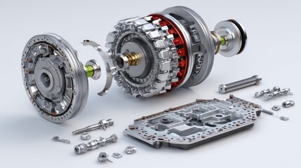 Obraz premium Detailed exploded view of a complex automotive transmission system
