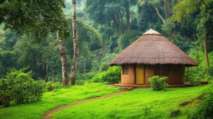 Fototapeta premium Scenic Hamer Hut in Turmi, Ethiopia: A Journey Through Green Landscapes and African Adventures