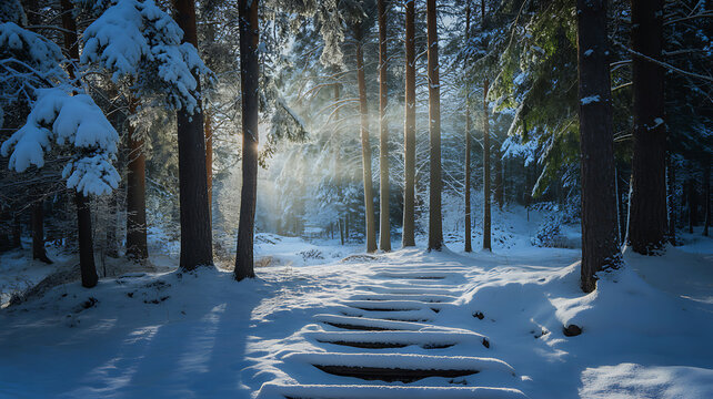 Sunlit winter forest path snow covered steps