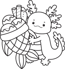 Outline of Illustration of cute axolotl activities icon.
Lineart of Funny pink axolotl in daily routine stickers.
