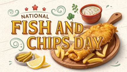 National Fish and Chips Day, Poster Featuring Golden Crispy Fish And Chips Artwork.